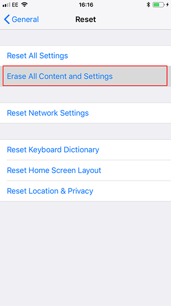 Choose Erase All Content and Settings