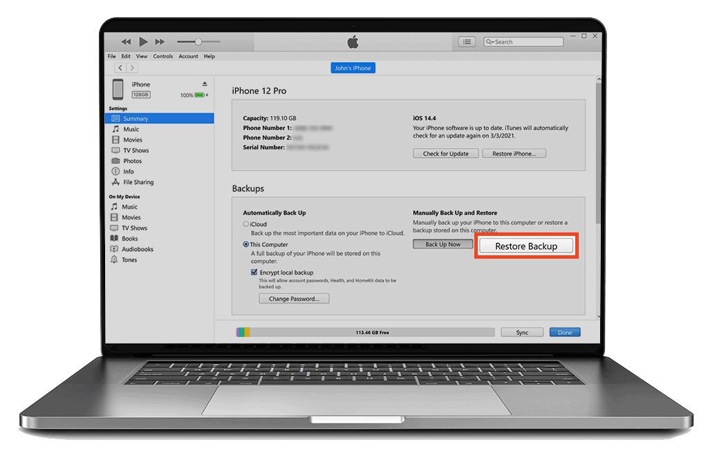 how to restore texts on itunes on mac