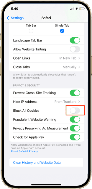 steps to block cookies on iphone