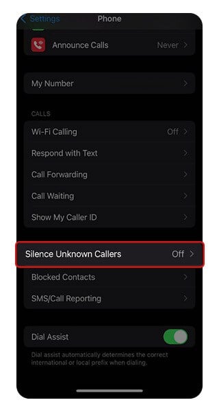 Call Failed iPhone - Silence Unknown Callers