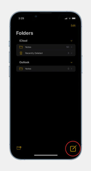 new note icon on notes app on iphone