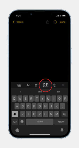 camera icon on notes app on iphone