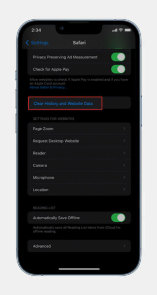 clear history and website data on iphone