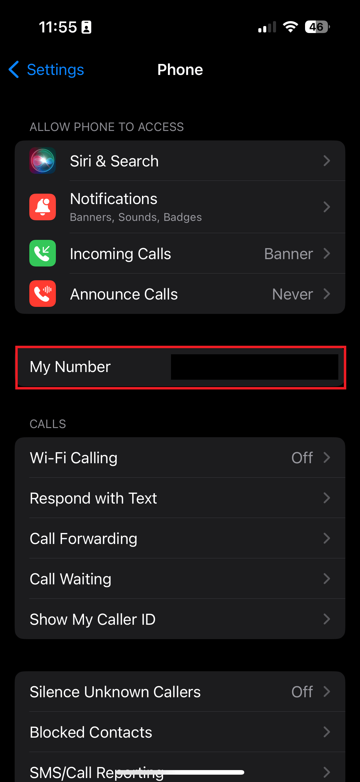 Steps to find my phone number using iPhone Settings